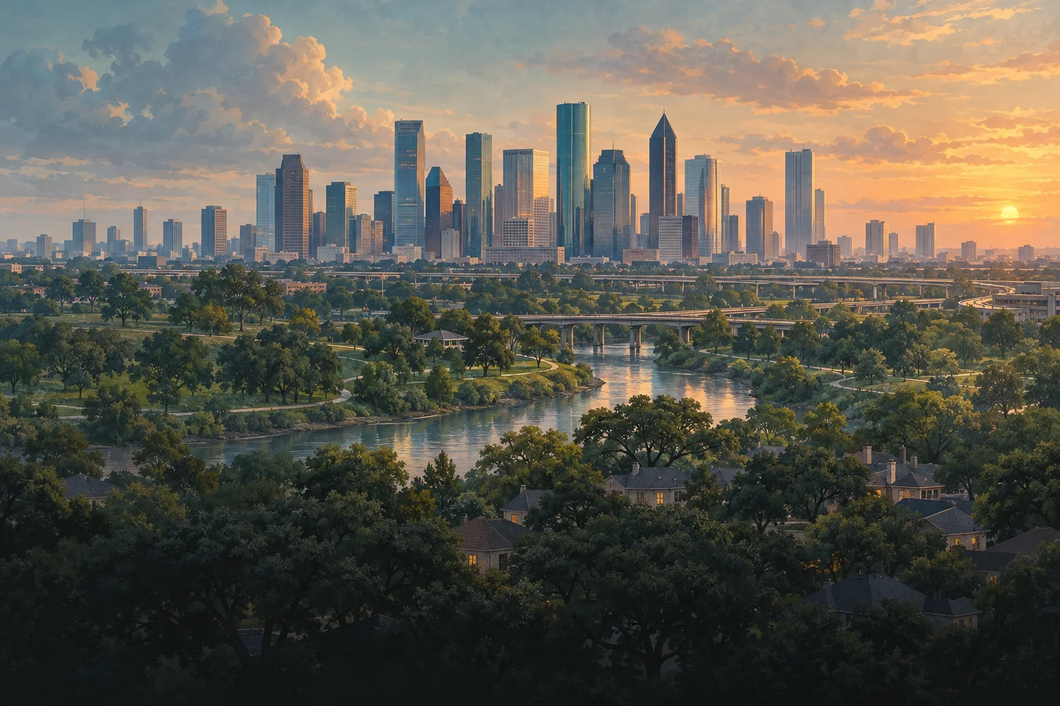 Illustrated Houston neighborhoods, Buffalo Bayou, and the downtown skyline
